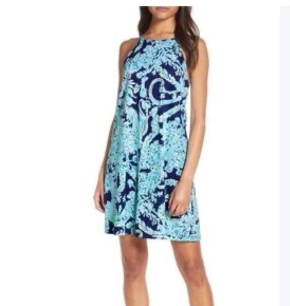 Lilly Pulitzer Margot Swing Dress Womens Large Navy Blue Scuba Doo Tassel Halter